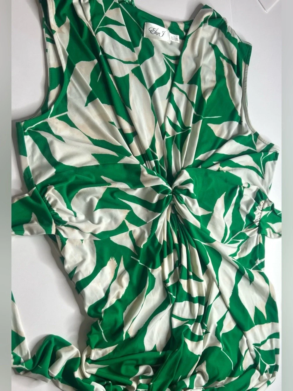 Eliza J EUC Twist Front Green White Sleeveless Leaf-Print Maxi Dress Sz 16 Boho